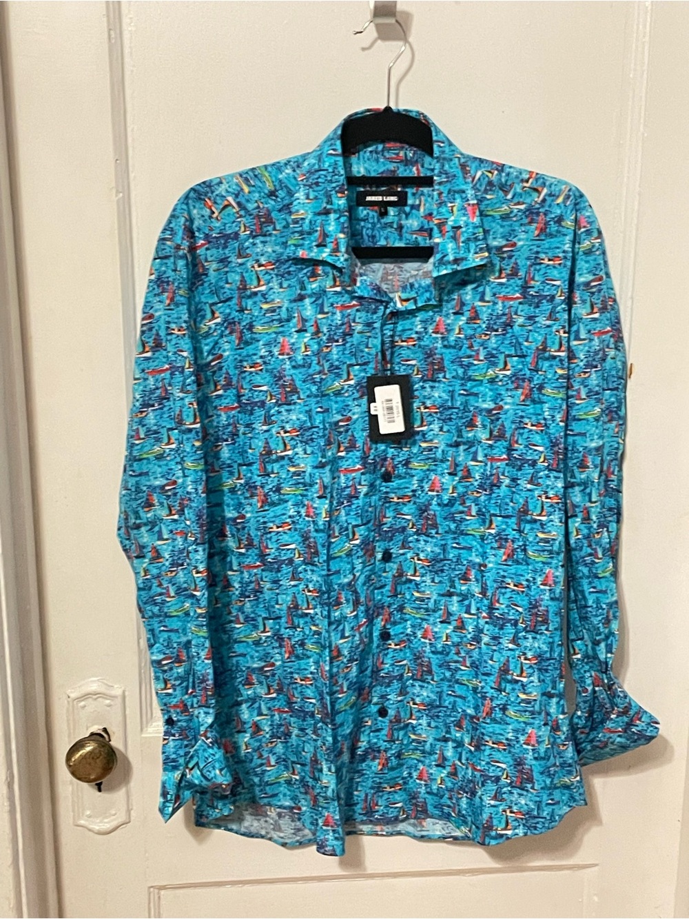 Jared Lang Turquoise Sailboat Print Button-Down Shirt
